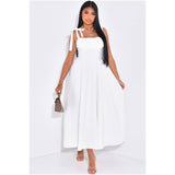 Solid Tie Straps Waist Corset Ruched Full Dress - MVTFASHION.COM