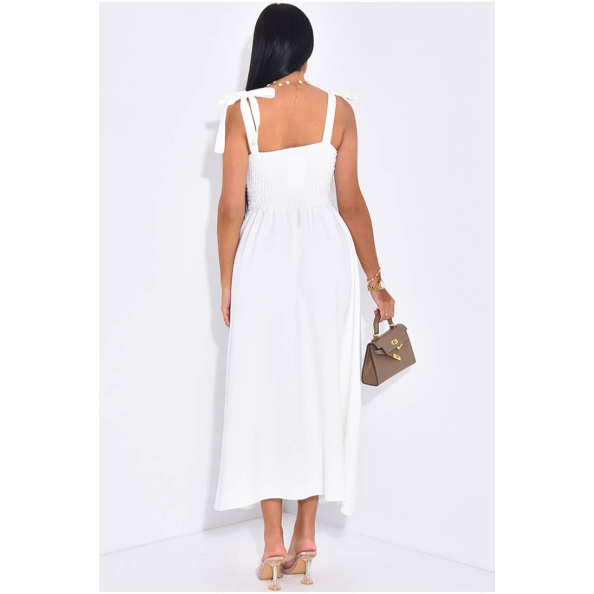 Solid Tie Straps Waist Corset Ruched Full Dress - MVTFASHION.COM