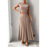 Solid Two Pieces Round Neck Ruffle Solid Set - MVTFASHION.COM