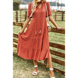 Solid V Neck Button Color Block High Waist Ruffle Dress - MVTFASHION.COM