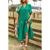 Solid V Neck Button Color Block High Waist Ruffle Dress - MVTFASHION.COM