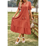 Solid V Neck Button Color Block High Waist Ruffle Dress - MVTFASHION.COM