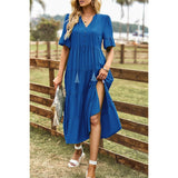 Solid V Neck Button Color Block High Waist Ruffle Dress - MVTFASHION.COM