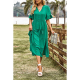 Solid V Neck Button Color Block High Waist Ruffle Dress - MVTFASHION.COM