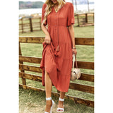 Solid V Neck Button Color Block High Waist Ruffle Dress - MVTFASHION.COM