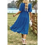 Solid V Neck Button Color Block High Waist Ruffle Dress - MVTFASHION.COM