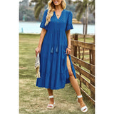 Solid V Neck Button Color Block High Waist Ruffle Dress - MVTFASHION.COM