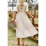 Solid V Neck Button Color Block High Waist Ruffle Dress - MVTFASHION.COM