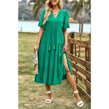 Solid V Neck Button Color Block High Waist Ruffle Dress - MVTFASHION.COM