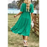 Solid V Neck Button Color Block High Waist Ruffle Dress - MVTFASHION.COM