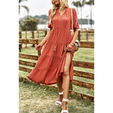 Solid V Neck Button Color Block High Waist Ruffle Dress - MVTFASHION.COM