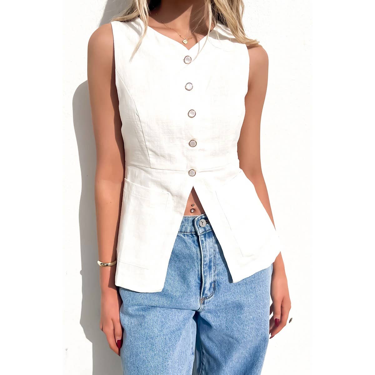 Solid V Neck Button Down Pockets Fit Vest - MVTFASHION.COM