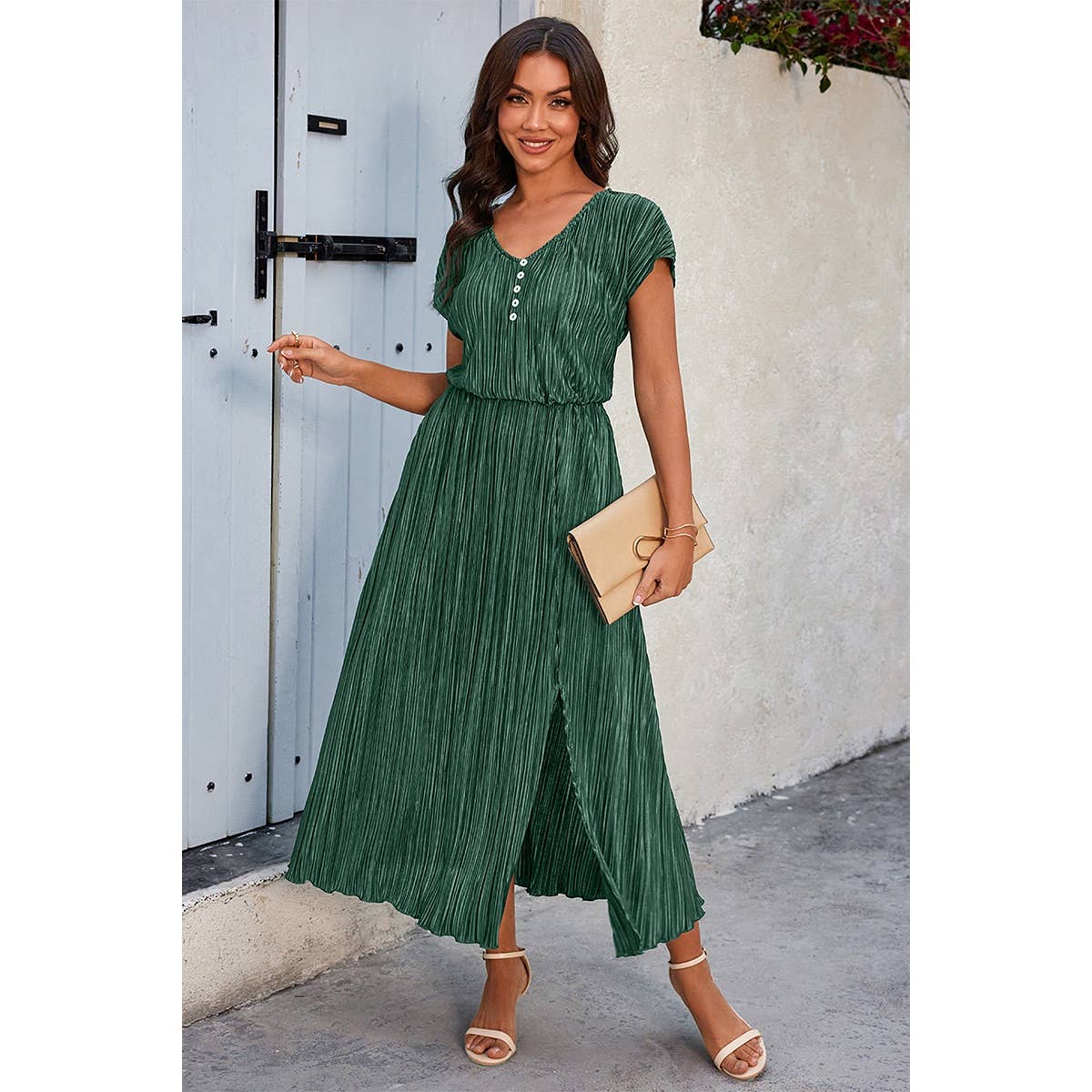 Solid V Neck Button Elastic Waist Pleated Dress - MVTFASHION.COM