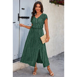 Solid V Neck Button Elastic Waist Pleated Dress - MVTFASHION.COM