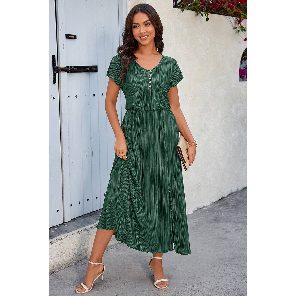 Solid V Neck Button Elastic Waist Pleated Dress - MVTFASHION.COM