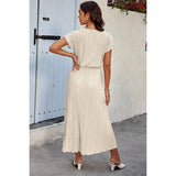 Solid V Neck Button Elastic Waist Pleated Dress - MVTFASHION.COM