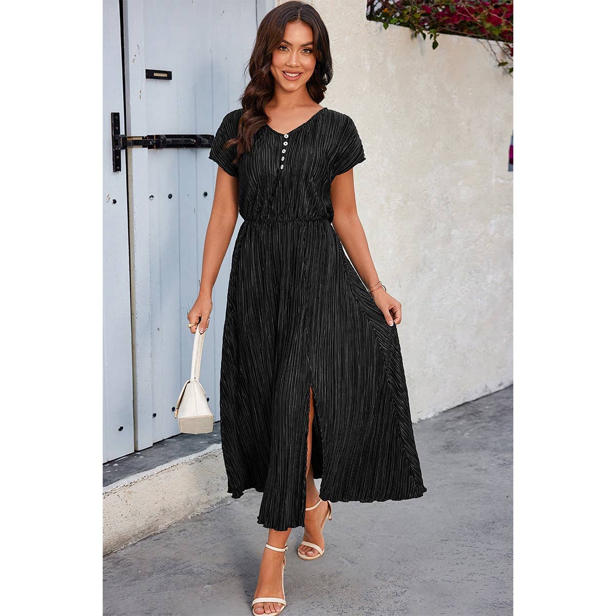 Solid V Neck Button Elastic Waist Pleated Dress - MVTFASHION.COM