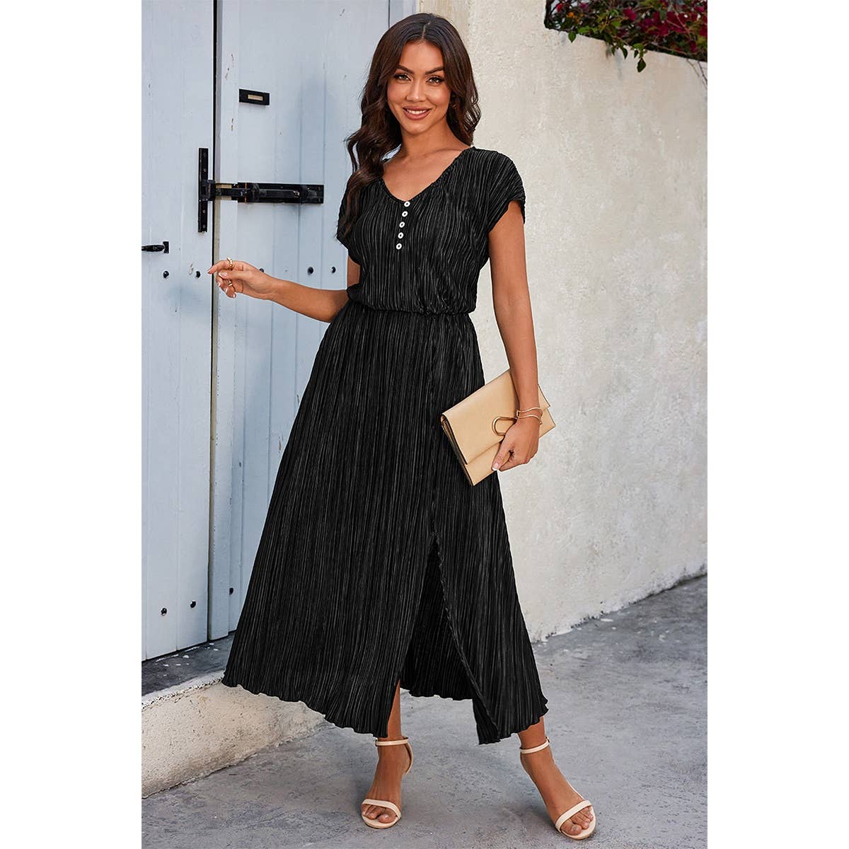 Solid V Neck Button Elastic Waist Pleated Dress - MVTFASHION.COM