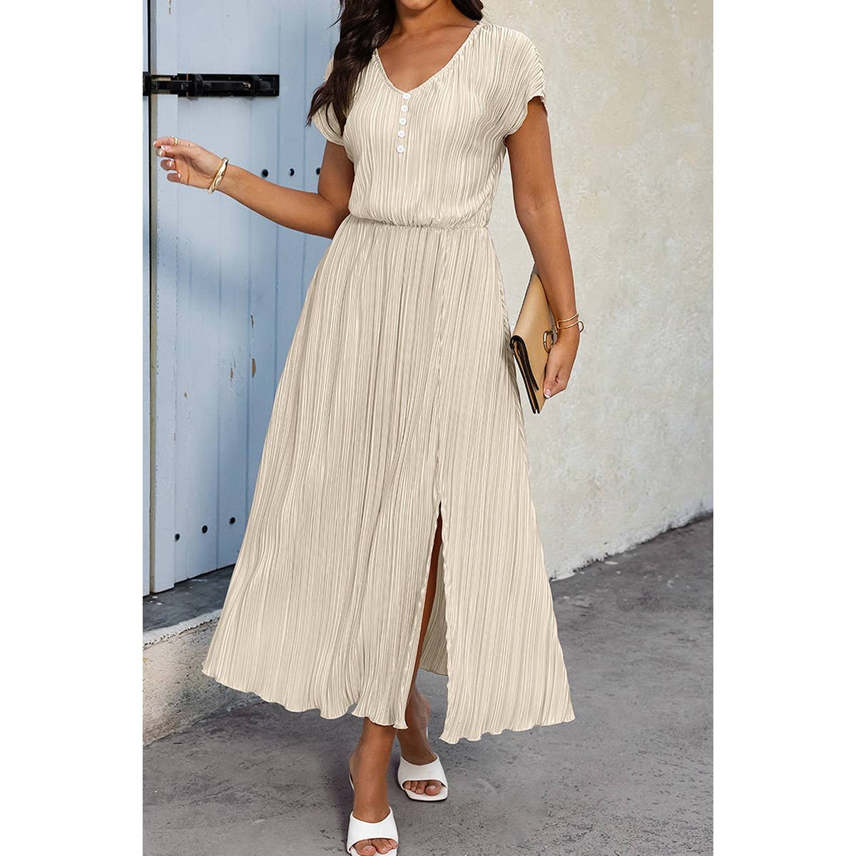 Solid V Neck Button Elastic Waist Pleated Dress - MVTFASHION.COM