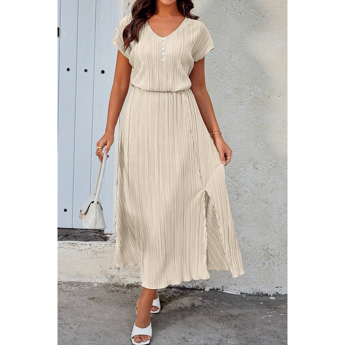 Solid V Neck Button Elastic Waist Pleated Dress - MVTFASHION.COM