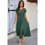 Solid V Neck Button Elastic Waist Pleated Dress - MVTFASHION.COM