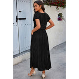 Solid V Neck Button Elastic Waist Pleated Dress - MVTFASHION.COM