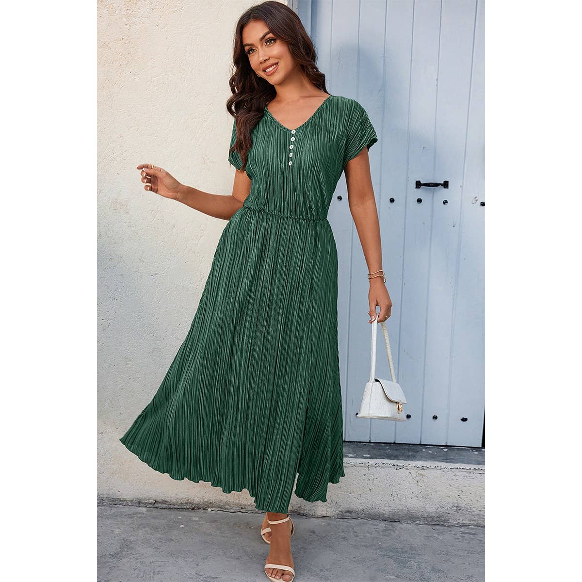 Solid V Neck Button Elastic Waist Pleated Dress - MVTFASHION.COM