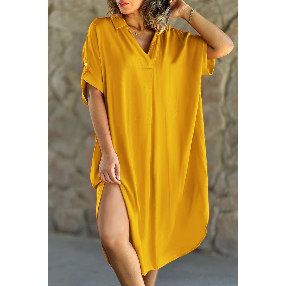 Solid V Neck Button Trim Loose Fit Midi Dress - MVTFASHION.COM