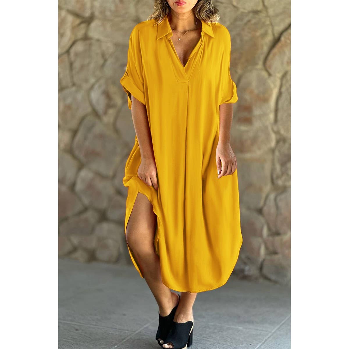 Solid V Neck Button Trim Loose Fit Midi Dress - MVTFASHION.COM