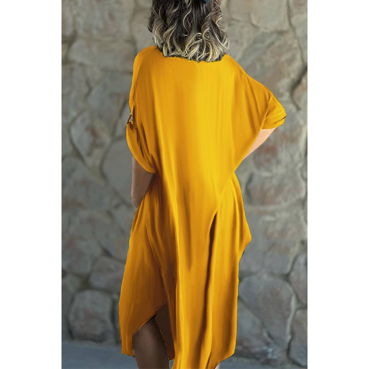 Solid V Neck Button Trim Loose Fit Midi Dress - MVTFASHION.COM