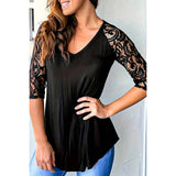 Solid V Neck Color Block Lace Loose Fit Top - MVTFASHION.COM