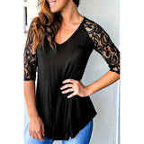 Solid V Neck Color Block Lace Loose Fit Top - MVTFASHION.COM