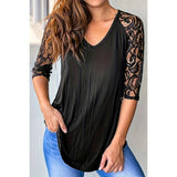 Solid V Neck Color Block Lace Loose Fit Top - MVTFASHION.COM