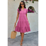 Solid V Neck Color Block Ruffle Hem Loose Dress - MVTFASHION.COM