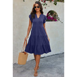 Solid V Neck Color Block Ruffle Hem Loose Dress - MVTFASHION.COM