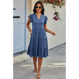 Solid V Neck Color Block Ruffle Hem Loose Dress - MVTFASHION.COM