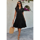 Solid V Neck Color Block Ruffle Hem Loose Dress - MVTFASHION.COM