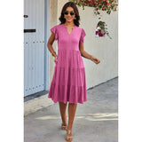 Solid V Neck Color Block Ruffle Hem Loose Dress - MVTFASHION.COM