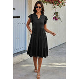 Solid V Neck Color Block Ruffle Hem Loose Dress - MVTFASHION.COM