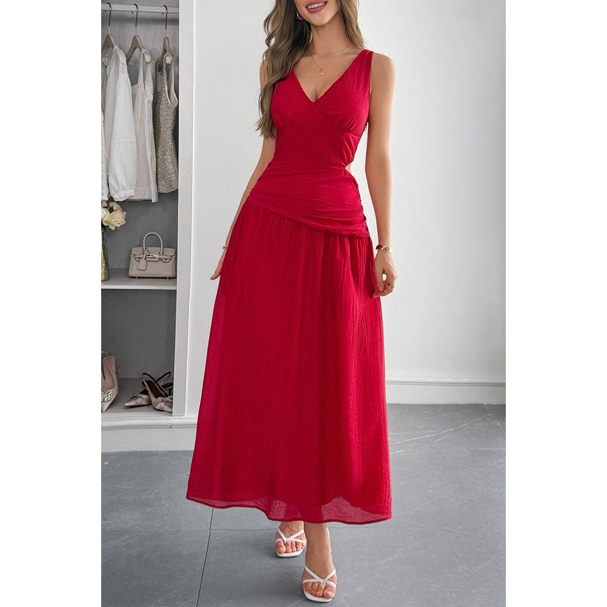 Solid V Neck Cutout Sleeveless Midi Fit Dress - MVTFASHION.COM