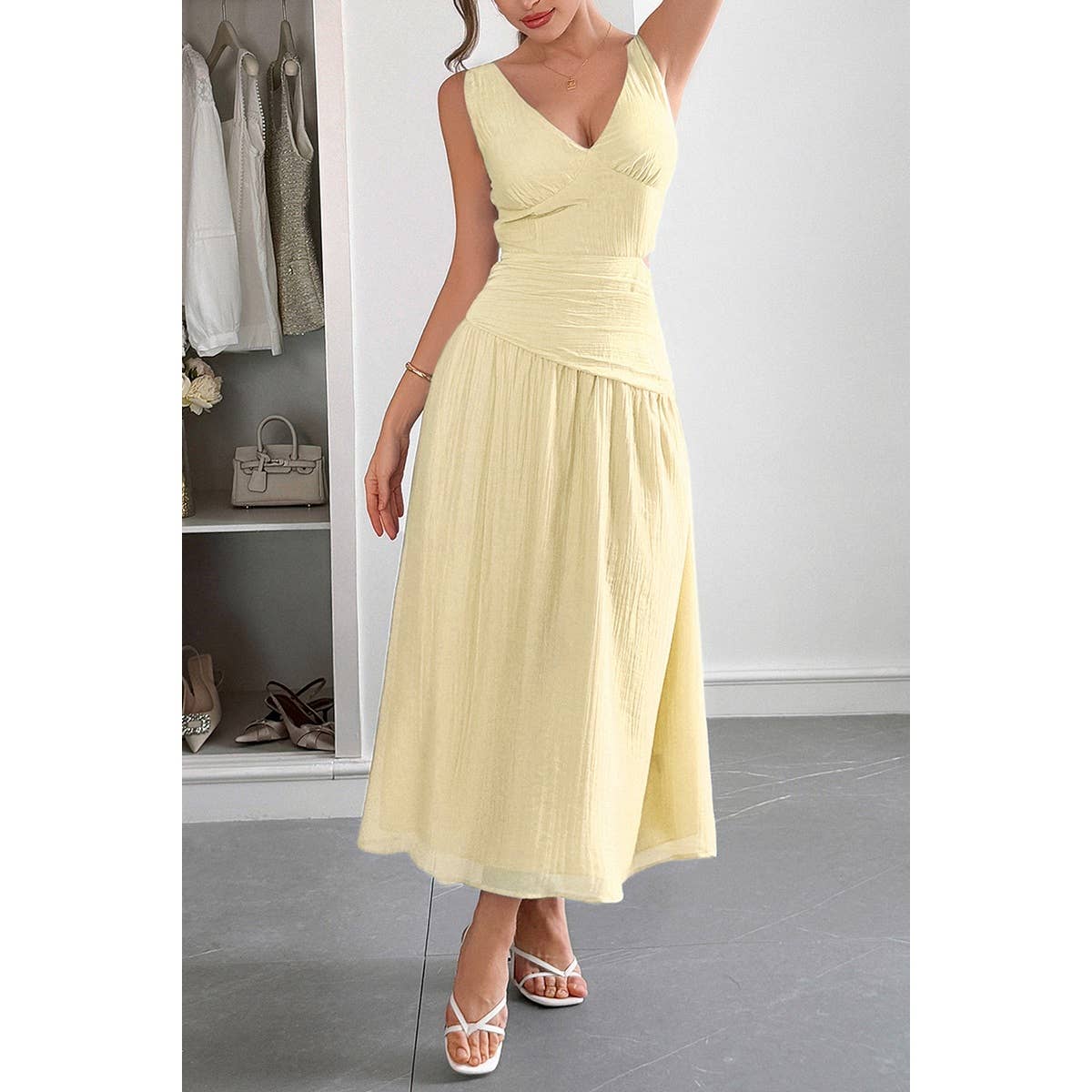 Solid V Neck Cutout Sleeveless Midi Fit Dress - MVTFASHION.COM