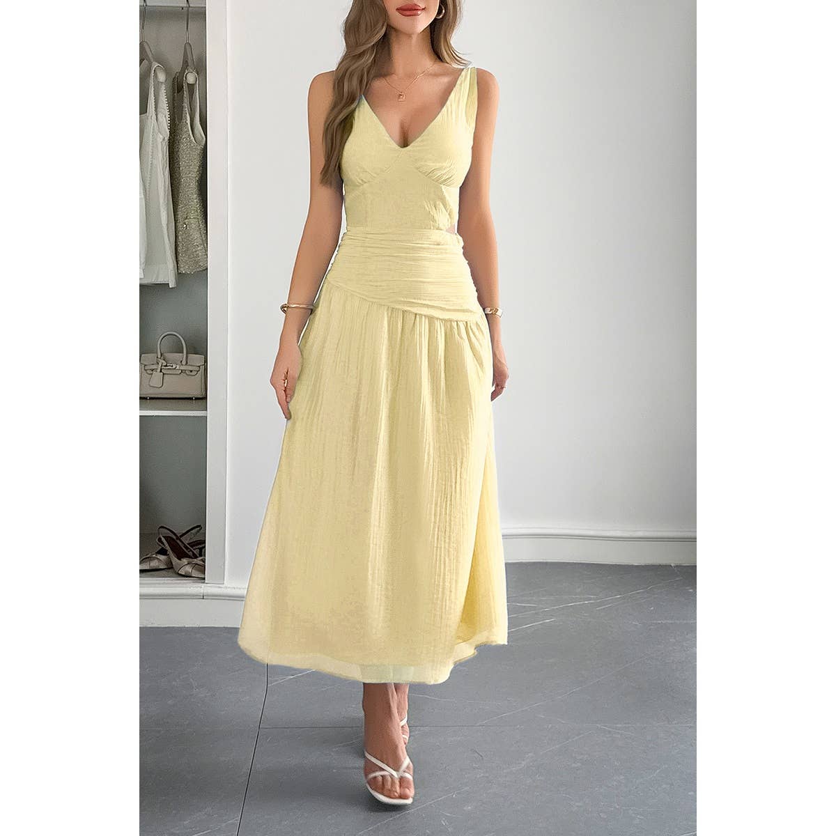 Solid V Neck Cutout Sleeveless Midi Fit Dress - MVTFASHION.COM