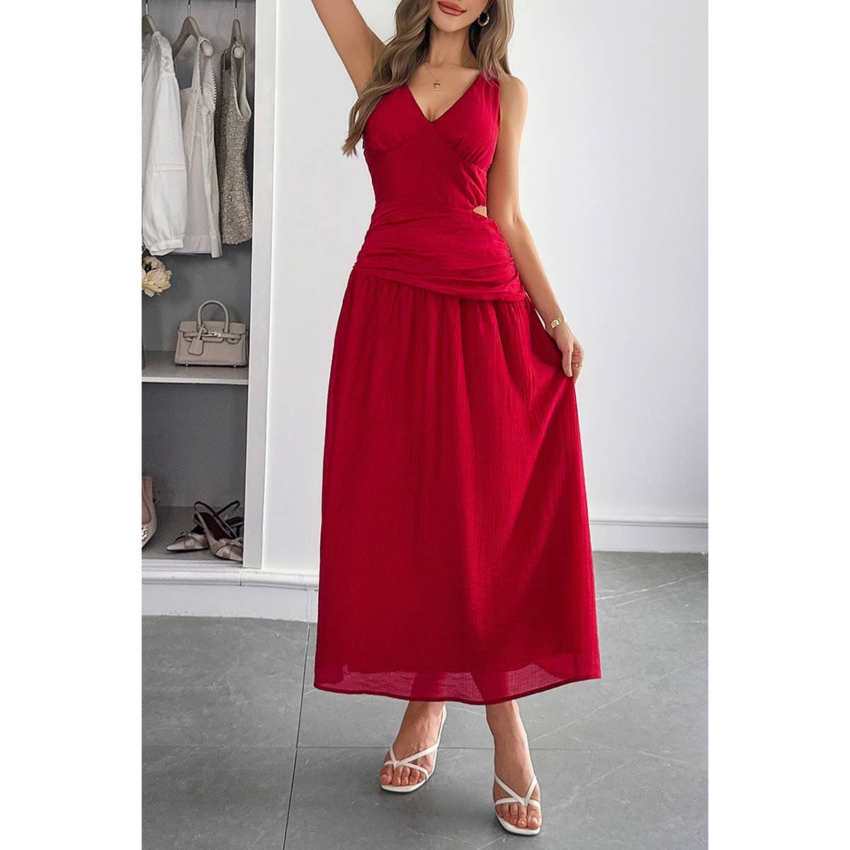 Solid V Neck Cutout Sleeveless Midi Fit Dress - MVTFASHION.COM
