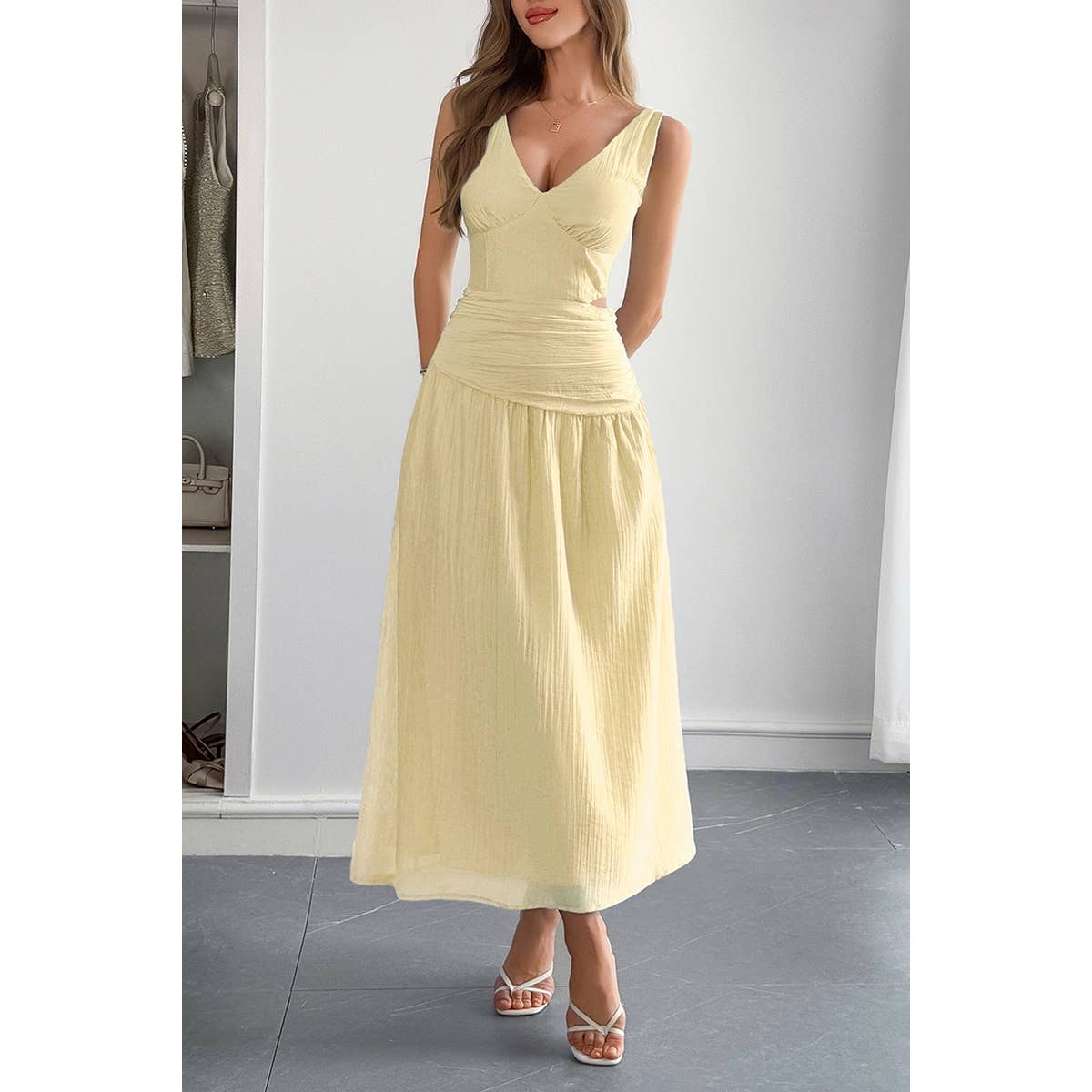 Solid V Neck Cutout Sleeveless Midi Fit Dress - MVTFASHION.COM