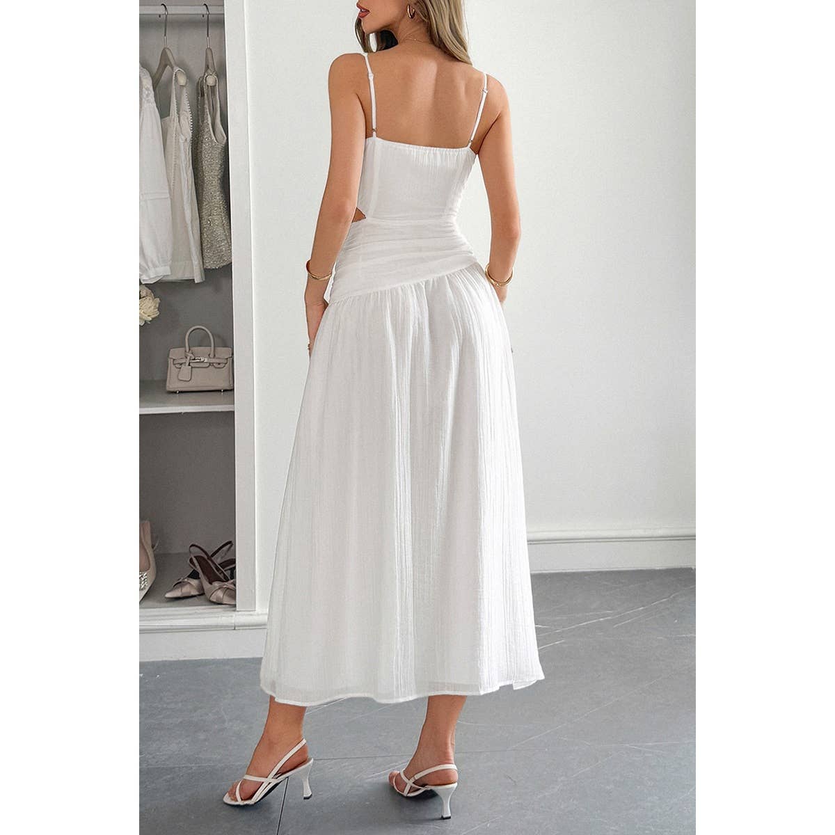 Solid V Neck Cutout Sleeveless Midi Fit Dress - MVTFASHION.COM