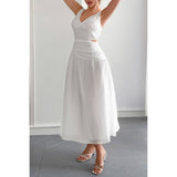 Solid V Neck Cutout Sleeveless Midi Fit Dress - MVTFASHION.COM