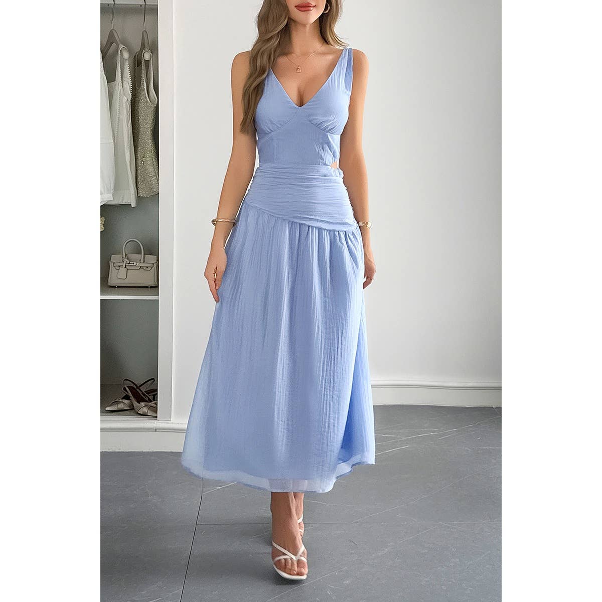 Solid V Neck Cutout Sleeveless Midi Fit Dress - MVTFASHION.COM
