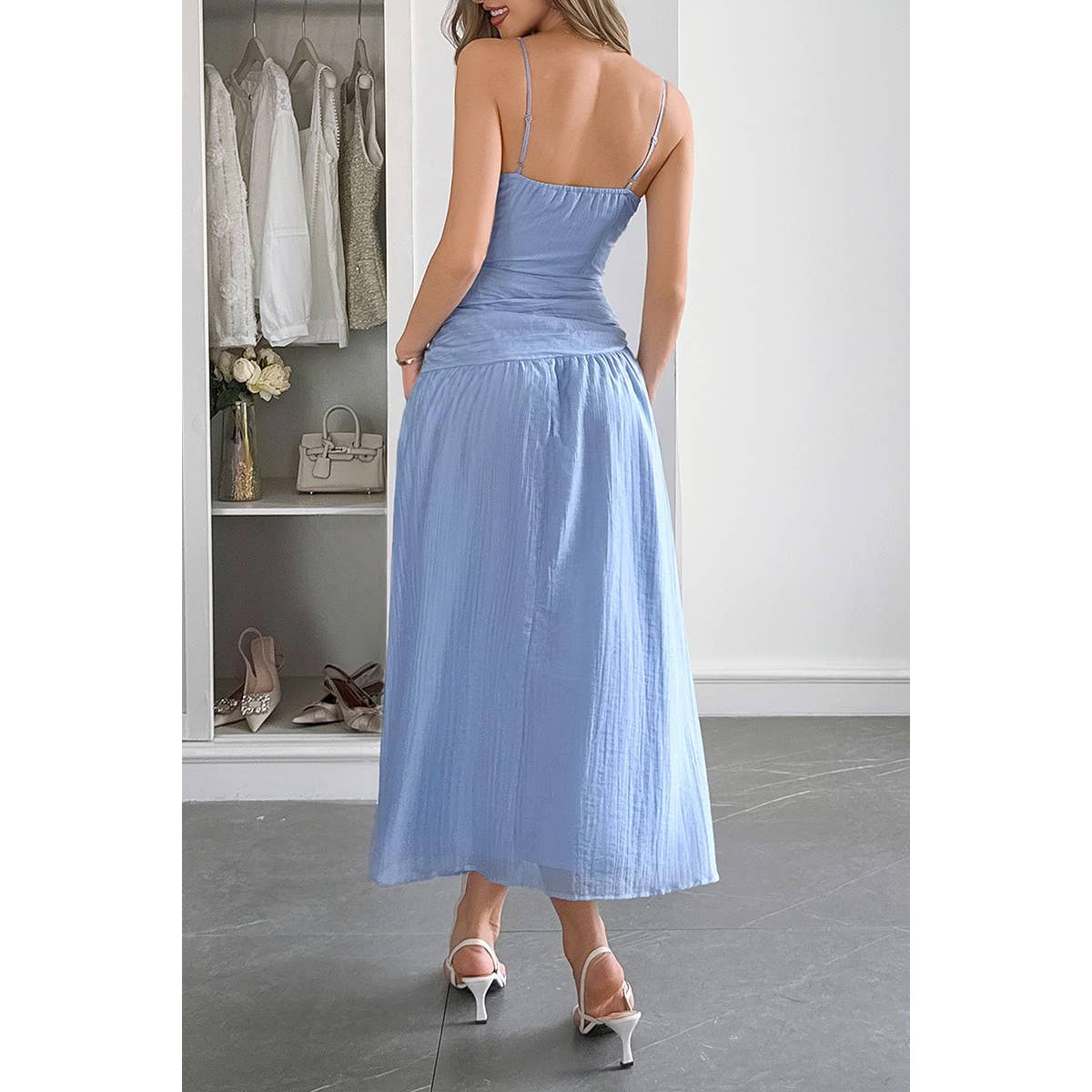 Solid V Neck Cutout Sleeveless Midi Fit Dress - MVTFASHION.COM