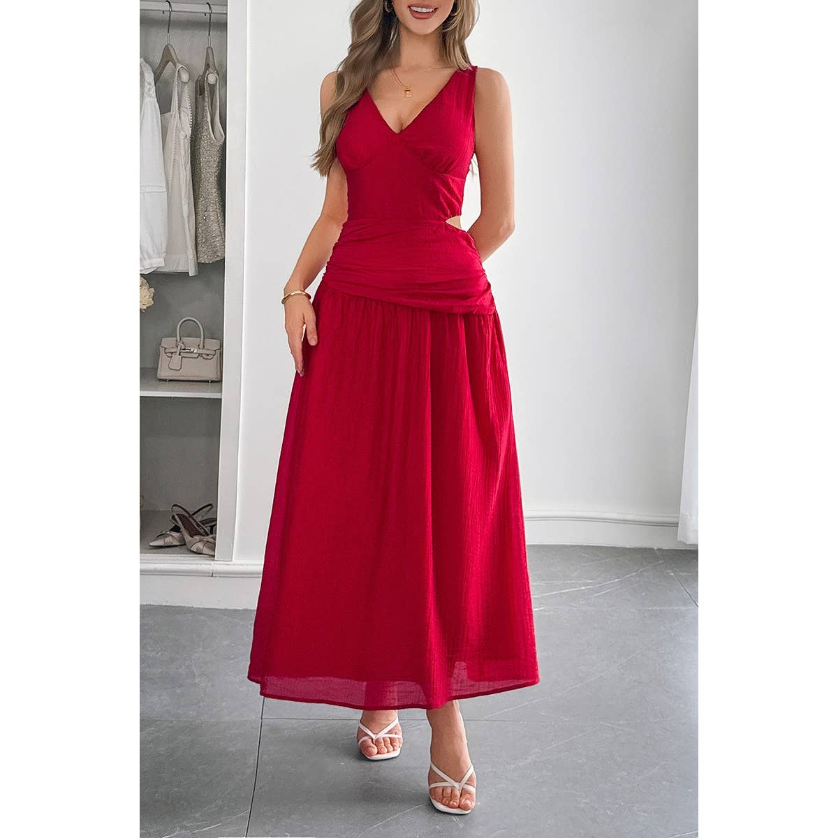 Solid V Neck Cutout Sleeveless Midi Fit Dress - MVTFASHION.COM