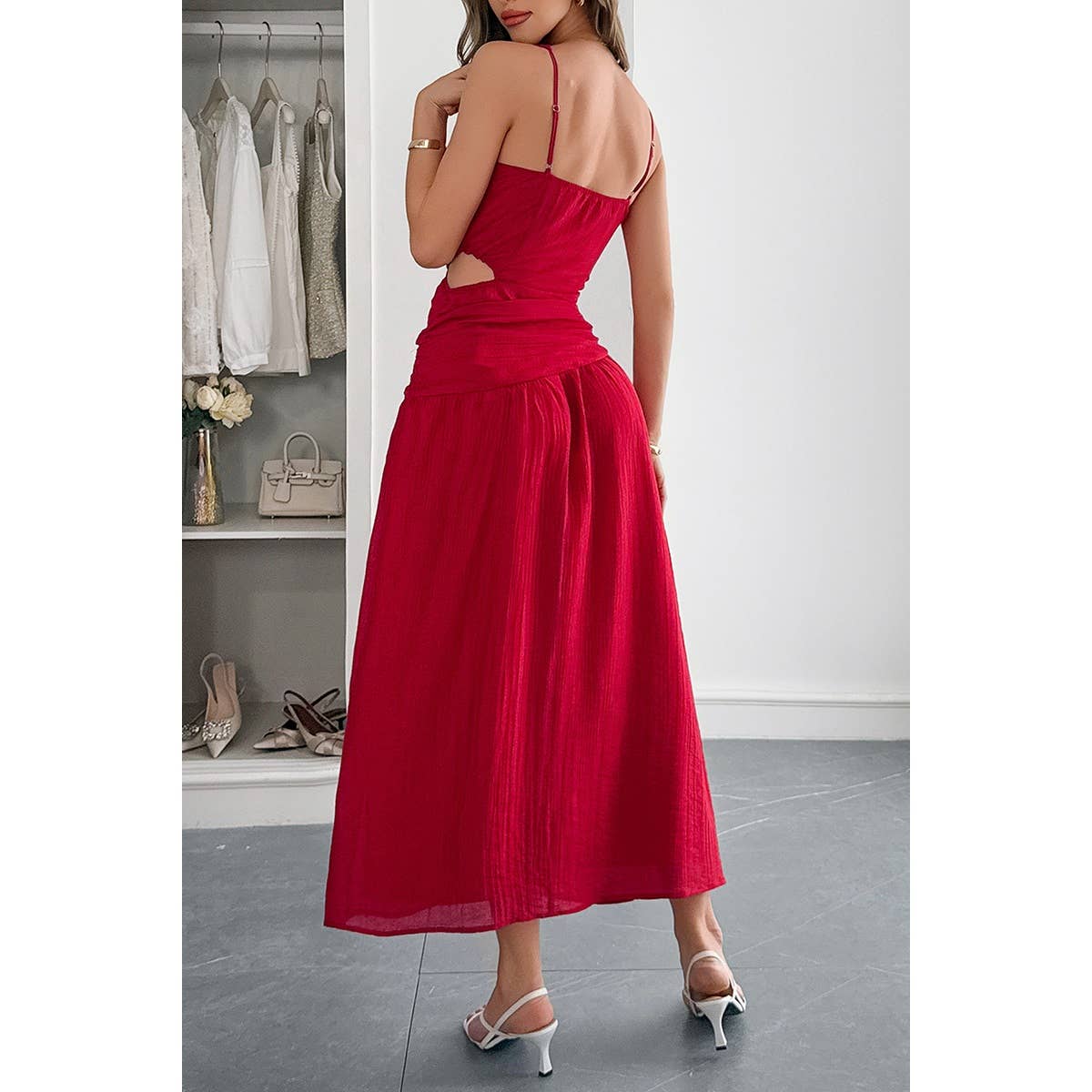 Solid V Neck Cutout Sleeveless Midi Fit Dress - MVTFASHION.COM
